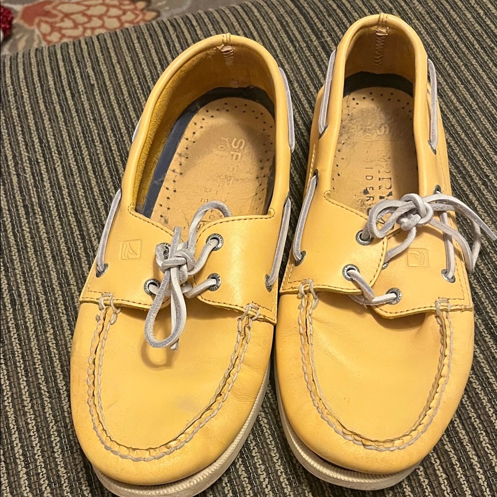 Sperry Yellow Leather Boat Shoes with White Laces